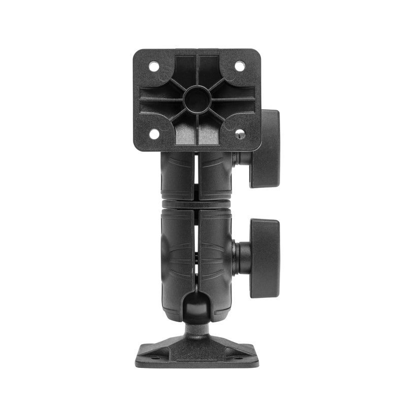 Front view of the AMPS Mounting Pattern with Double Socket Shaft Arm and Drill-Base: a black, adjustable bracket with two knob-tightened joints, 360° rotation, and square plates featuring a 4-hole AMPS compatible mount for devices.