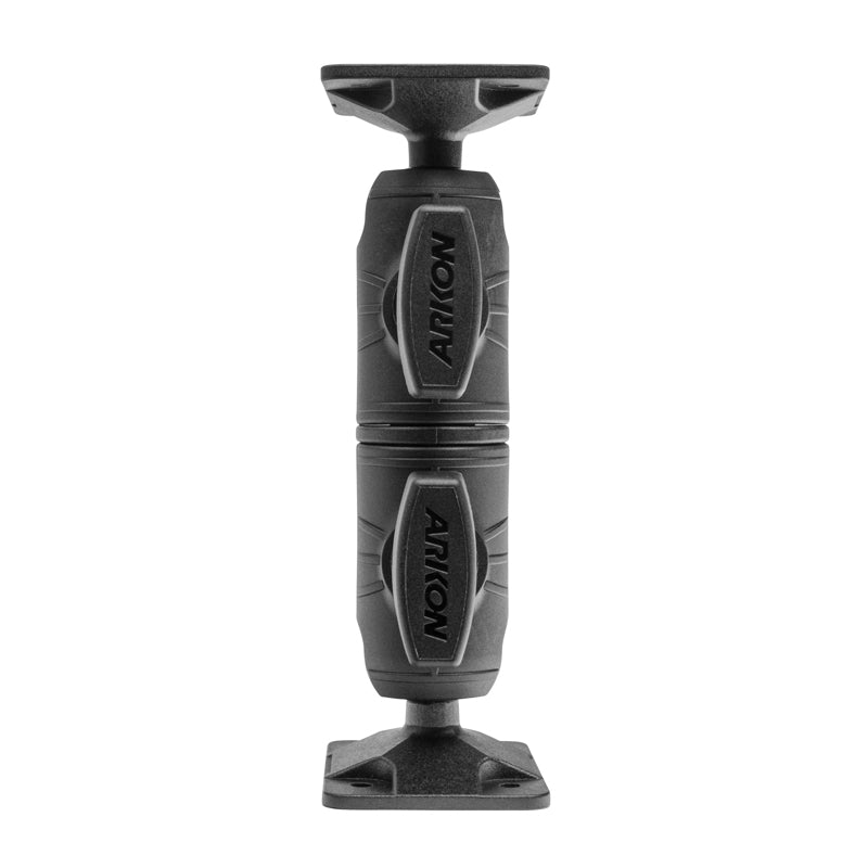 A black, cylindrical AMPS Mounting Pattern with Double Socket Shaft Arm and Drill-Base, featuring textured grips, ARKON logos on each section, flat mounting plates at both ends, and a 4-hole AMPS compatible design for secure installation.