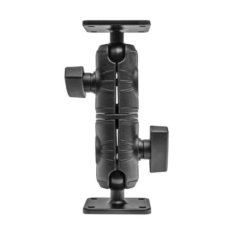 The Drill Base Mount with Swivel Arm & AMPS Metal Plates is a black, heavy-duty arm featuring two rotating joints, knob controls, and metal AMPS mount plates at both ends for strong, flexible positioning.