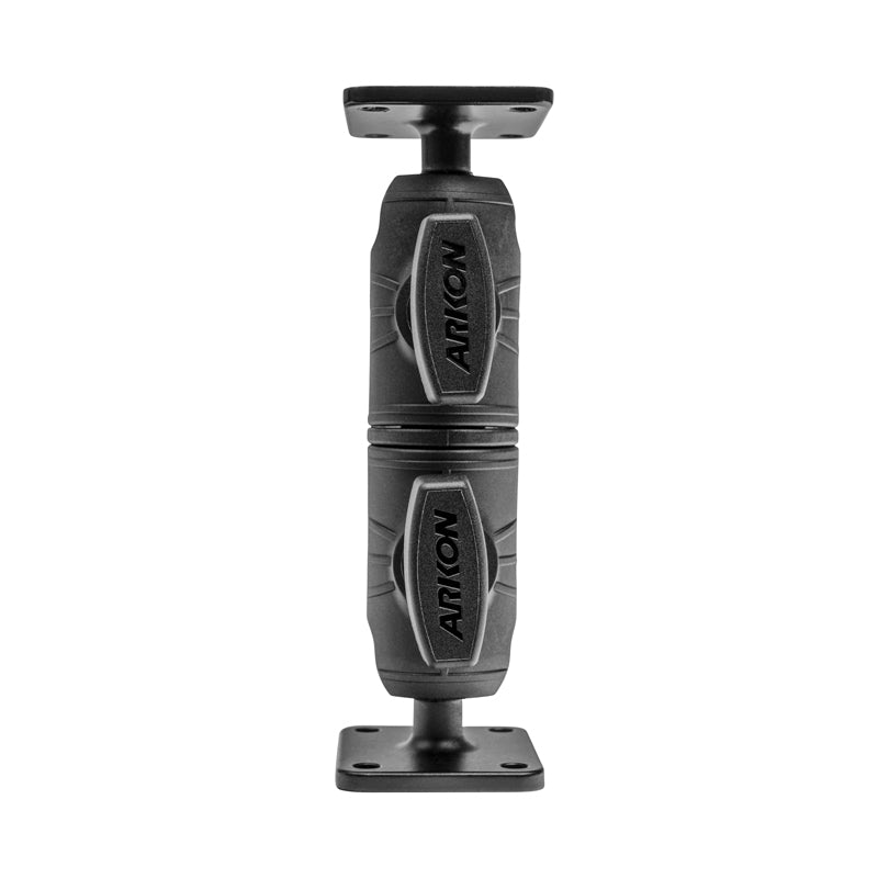 The Drill Base Mount with Swivel Arm & AMPS Metal Plates is a black, cylindrical mounting solution featuring two swiveling joints and sturdy metal AMPS plates at both ends, with ARKON branding on the central grips—ideal for versatile applications.