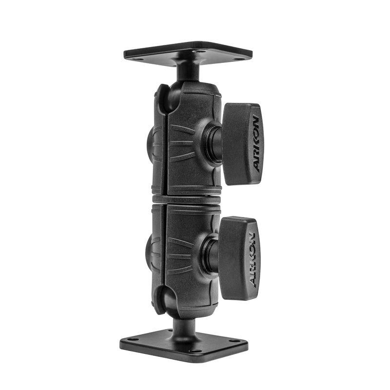 The Drill Base Mount with Swivel Arm & AMPS Metal Plates is a black, adjustable bracket featuring a Double Socket Swivel Arm, two large knobs, and rectangular metal AMPS plates for secure, stable mounting.