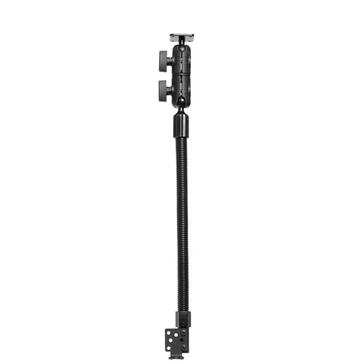 A Seat Rail Mount with Double Socket Swivel Arm and AMPS Mounting Pattern, featuring a black adjustable arm with a flexible central section and tightening knobs, equipped with AMPS mounting plates at both ends, isolated on a white background.