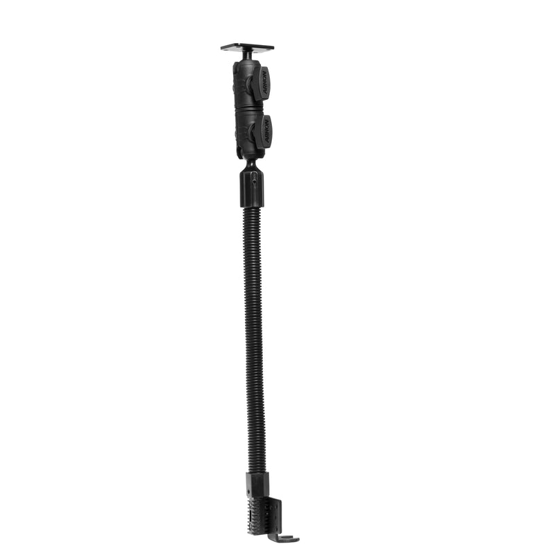 The Seat Rail Mount with Double Socket Swivel Arm and AMPS Mounting Pattern features a black adjustable arm with a flexible, ribbed shaft, an adjustable swivel design, a clamp at the base for secure attachment to seat rails, and quick-release adjustment knobs at the top. This model is compatible with the AMPS mounting pattern for versatile installations.