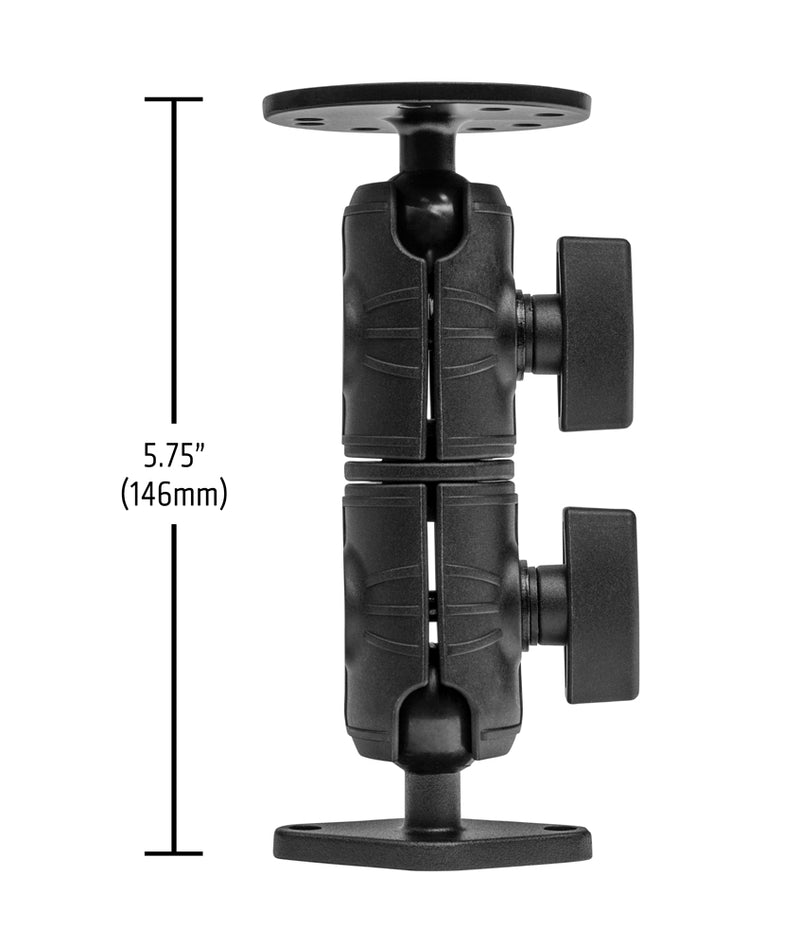 Side view of a Circular Mounting Pattern with Diamond-Shaped Drill Base Mount, featuring a double socket swivel arm, two tightening knobs, flat base, and top plate. Height is 5.75 inches (146 mm) with a vertical measurement line shown.