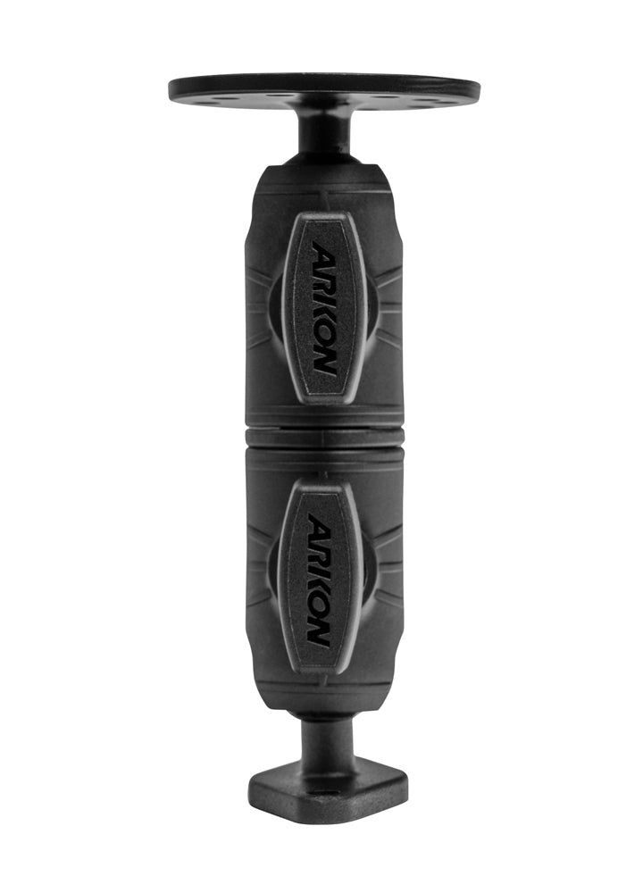 A black, cylindrical Circular Mounting Pattern with Diamond-Shaped Drill Base Mount featuring two swivel joints and flat plates on each end for attaching devices or accessories.