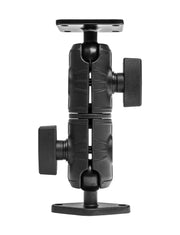 The Double Socket Swivel Arm with Metal AMPS & Diamond Mount Plates is a black adjustable mounting bracket featuring two locking knobs and rectangular base plates on the top and bottom, designed to securely attach devices or equipment. It is compatible with the versatile AMPS Mount Plate system.
