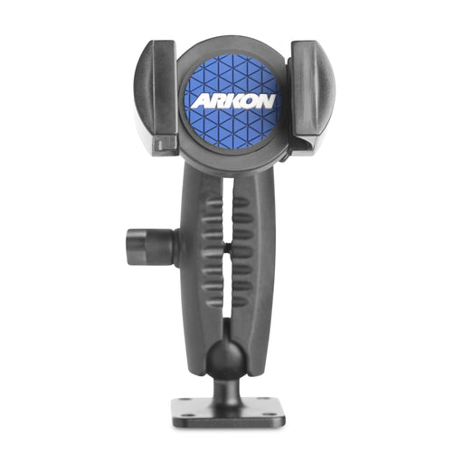A black RoadVise® Phone Holder with Drill-Base Mount is shown facing forward on a white background, featuring an adjustable design, a blue Arkon logo on the holder, and an AMPS pattern drill-base mount.