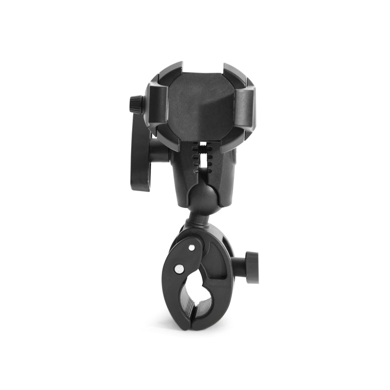 The RoadVise® Ultra Phone and Tablet Clamp Mount with 3.50” Arm is a heavy-duty black holder with a circular grip, designed for securing phones or cameras to handlebars or poles, shown on a white background.