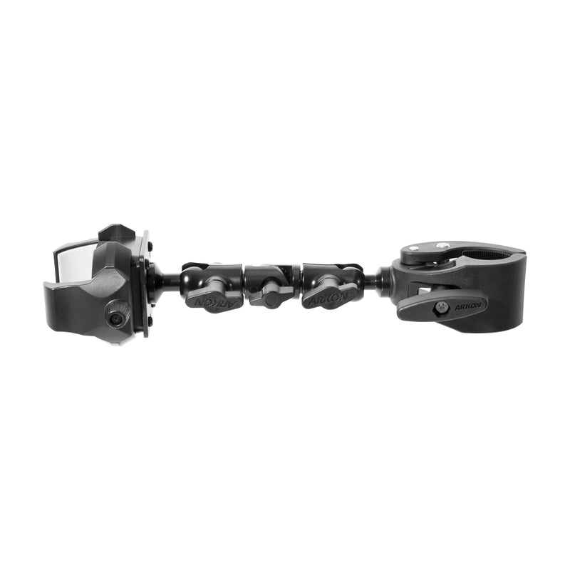 Side view of the RoadVise® Clamp Mount with RoadVise® Ultra Holder, a black adjustable arm mount with multiple joints and clamp ends, designed for secure attachment of devices or accessories and MagSafe charger compatibility.