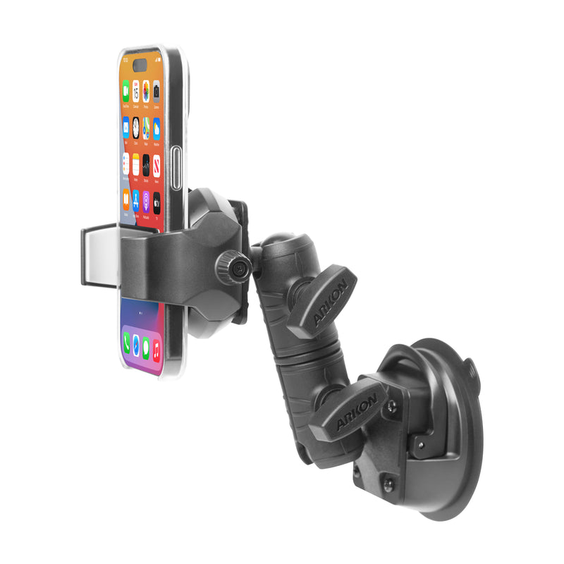 The RoadVise® Ultra Holder with Double Socket Arm and Suction Mount functions as a reliable phone holder, securely supporting a smartphone with visible app icons. Its adjustable double socket arm allows for flexible positioning, making this mount perfect for hands-free use both in cars and on desks.