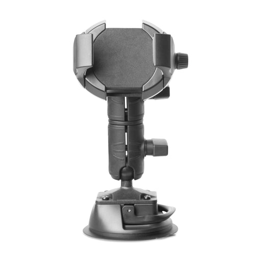 A black RoadVise® Ultra Holder with Double Socket Arm and Suction Mount is displayed upright against a white background. This suction mount phone holder provides secure and flexible support for your device while driving.