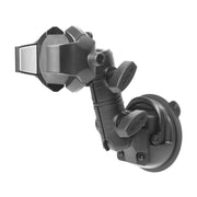 The RoadVise® Ultra Holder with Double Socket Arm and Suction Mount is a black adjustable car mount featuring a suction cup base, pivot joints, and a clamp holder designed for secure mounting on flat surfaces like car windshields or dashboards. This versatile phone holder keeps your device secure while you drive.