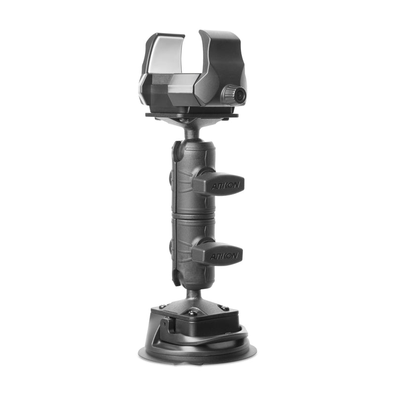 The RoadVise® Ultra Holder with Double Socket Arm and Suction Mount is a black, adjustable car mount featuring two locking knobs, a clear protective shield, and a round suction-cup base.