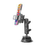 A smartphone is mounted on a black RoadVise® Ultra Holder with Double Socket Arm and Suction Mount, shown from a side angle against a white background.