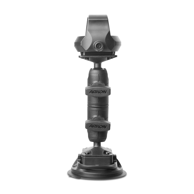 A black, adjustable RoadVise® Ultra Holder with Double Socket Arm and Suction Mount, featuring an industrial design with a suction cup base and device holder, is displayed against a white background.