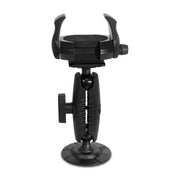 The RoadVise® Ultra Holder with Adhesive Mount is a black adjustable device holder featuring a cradle, grip arms, and adjustment knobs, securely mounting your device in place.