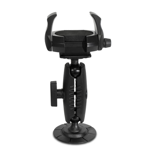 The RoadVise® Ultra Holder with Adhesive Mount is a black adjustable device holder featuring a cradle, grip arms, and adjustment knobs, securely mounting your device in place.