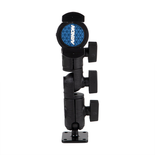 The RoadVise® Ratchet Phone Holder with Drill Base Mount is a black, adjustable arm featuring universal compatibility, three knobs, and a blue Axiom attachment; the metal base plate has four screw holes for secure installation.