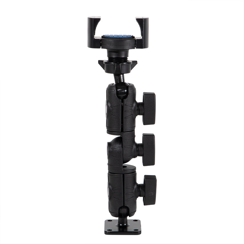 The RoadVise® Ratchet Phone Holder with Drill Base Mount is a black adjustable arm with three locking knobs, a drill base at the bottom, and a round holder on top for universal phone compatibility, shown on a white background.