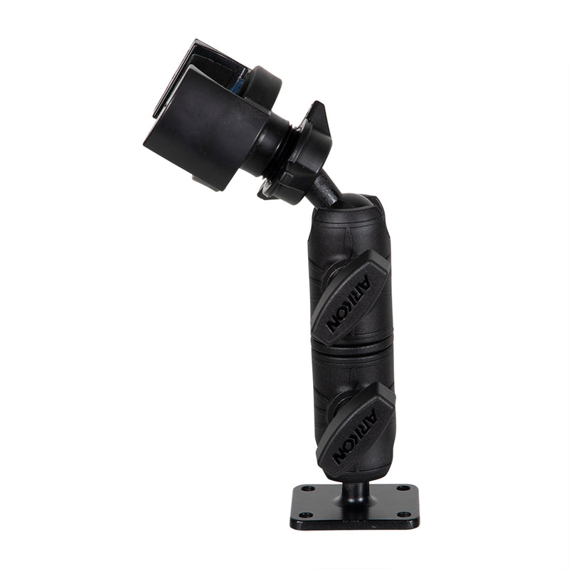 The RoadVise® Holder with Double Socket Arm and Drill-Base Mount securely holds phones or devices with its adjustable dual-joint arm and square drill-base mount for versatile attachment to various surfaces.