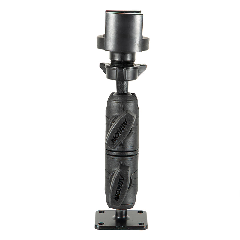 The RoadVise® Holder with Double Socket Arm and Drill-Base Mount is a black, adjustable mounting bracket with textured grips and a rectangular base for secure phone or device support.
