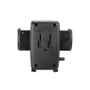 Black plastic wall electrical outlet adapter with two plug slots and side outlets, viewed from the front against a white background—featuring the Mega Grip™ Universal Phone Holder for Smartphones for added convenience and functionality.
