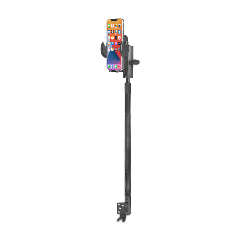 The 18” Seat Rail Mount with Mega Grip™ Phone Holder for Cars & Trucks – 25mm ball, in black, securely holds a smartphone displaying its home screen. This mount features a flexible arm and a base with a bracket for attaching to surfaces, making it ideal for use as either a seat rail phone mount or floor phone mount.