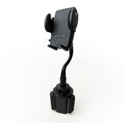 Cup Holder Phone Mount with Gooseneck and 17mm Ball, a black phone holder featuring a flexible neck and adjustable grip, designed as an adjustable mounting solution for your car’s cup holder, shown on a white background.