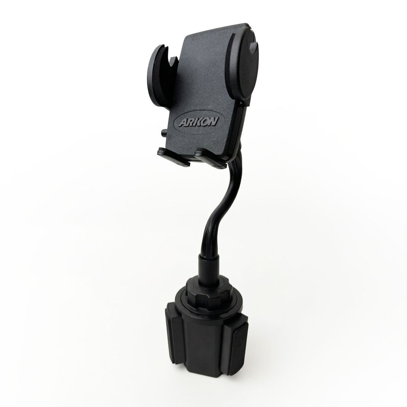Cup Holder Phone Mount with Gooseneck and 17mm Ball, a black phone holder featuring a flexible neck and adjustable grip, designed as an adjustable mounting solution for your car’s cup holder, shown on a white background.