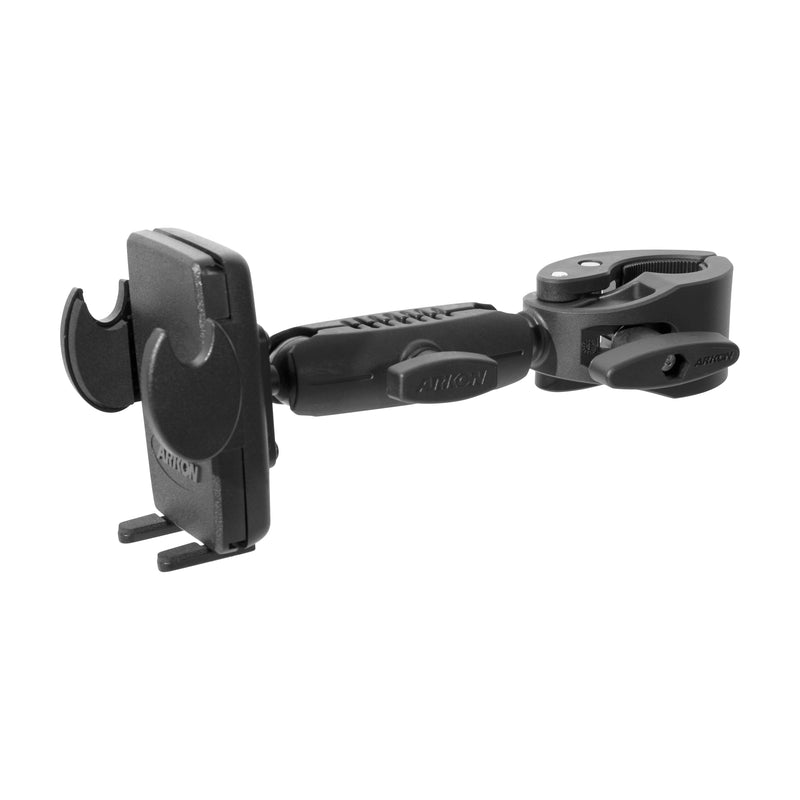 The Mega Grip™ Phone Clamp Mount with 3.75” Arm features a black adjustable clamp and a Mega Grip on one end, equipped with a holder for your phone or GPS on the other, perfect for secure attachment to surfaces such as handlebars or poles.