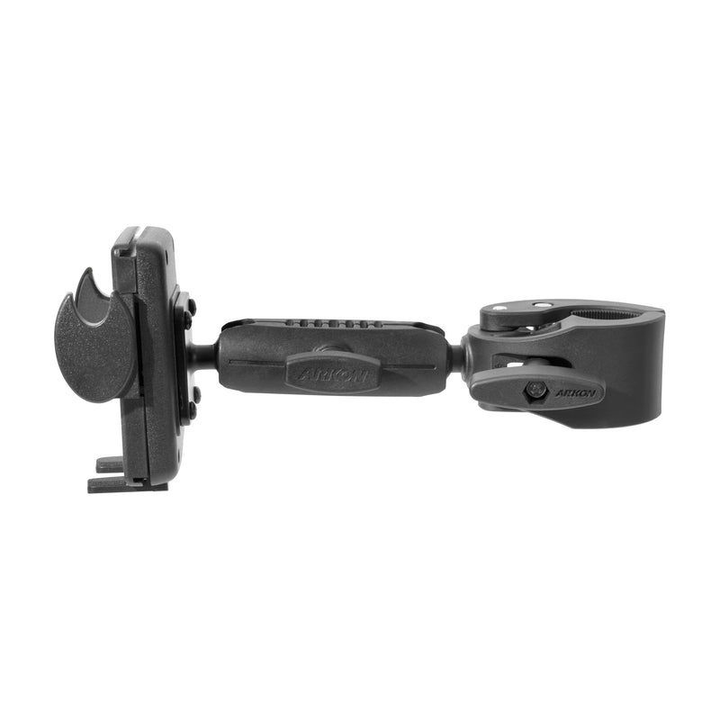 Side view of the Mega Grip™ Phone Clamp Mount with 3.75” Arm in black, featuring an adjustable clamp bracket with a grooved handle, clamp, and attachment plate, designed for securing devices or accessories such as a phone holder using the Mega Grip system.