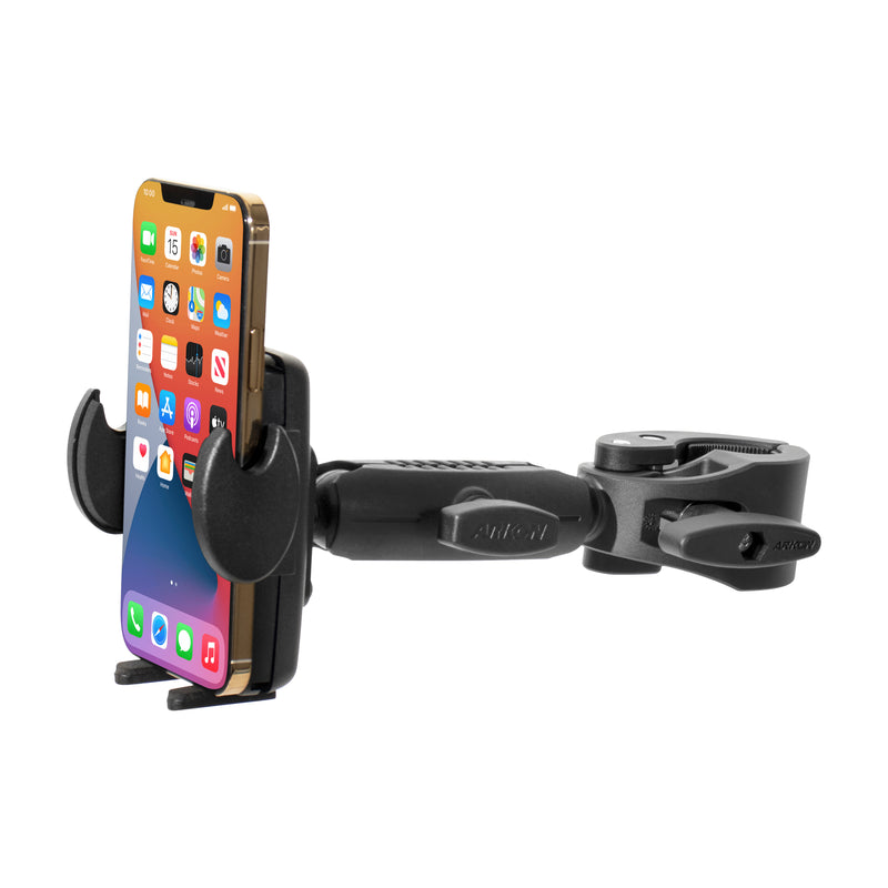 A smartphone is secured in the black Mega Grip™ Phone Clamp Mount with 3.75” Arm, attached to a sturdy base and displaying its home screen with various app icons.