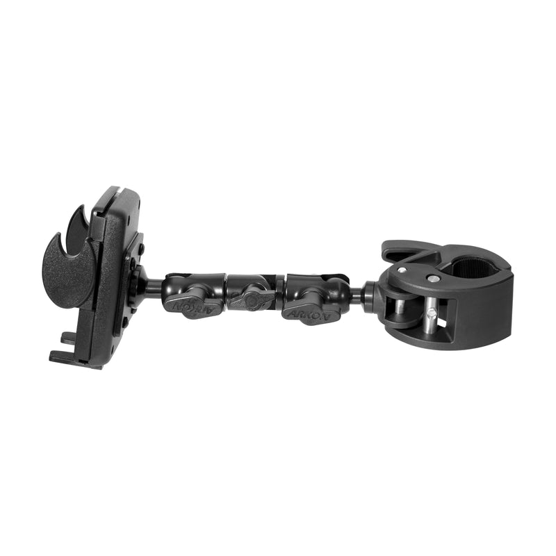The Mega Grip™ Phone Holder with 6 Multi-Angle Arm and Clamp Mount securely holds phones or cameras to handlebars or tubes, featuring a black adjustable bracket and flexible arm for optimal positioning.