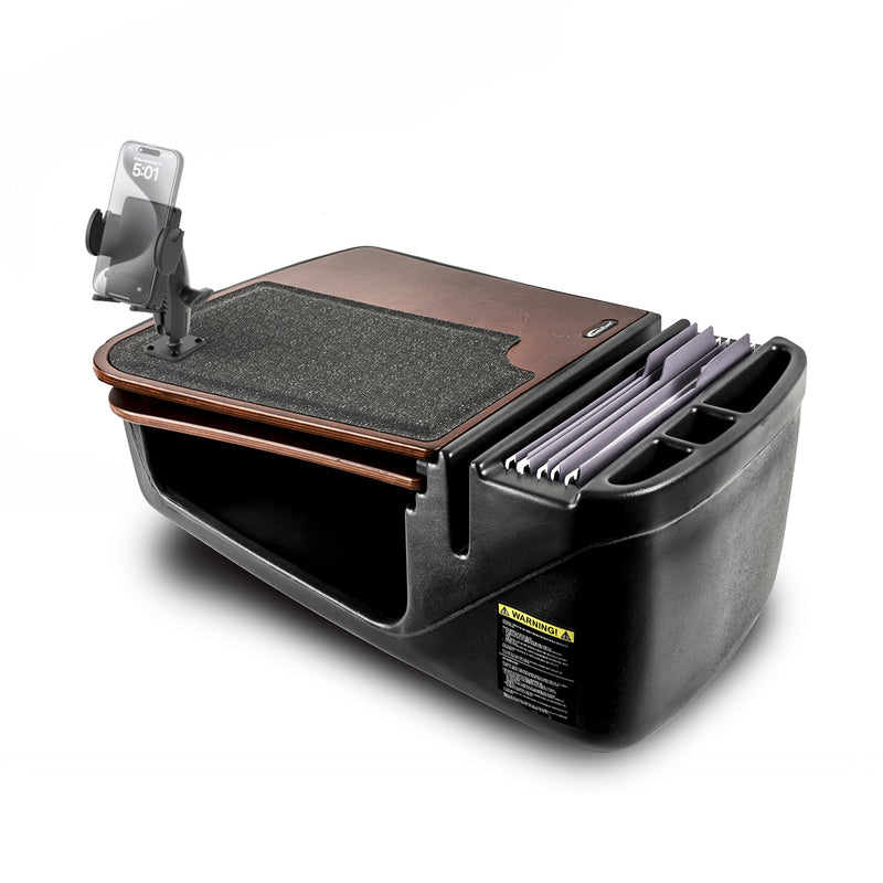 Introducing the AutoExec GripMaster Car Desk with Mega Grip™ Drill-Base Mount—a black mobile office organizer designed for use in vehicles or on the go. This versatile car desk features a clipboard, phone holder, pen slot, file folder slots, and an open storage compartment, making it the perfect mobile workstation for busy professionals. The included Mega Grip™ Drill-Base Mount adds further convenience for securely holding your phone while on the move.