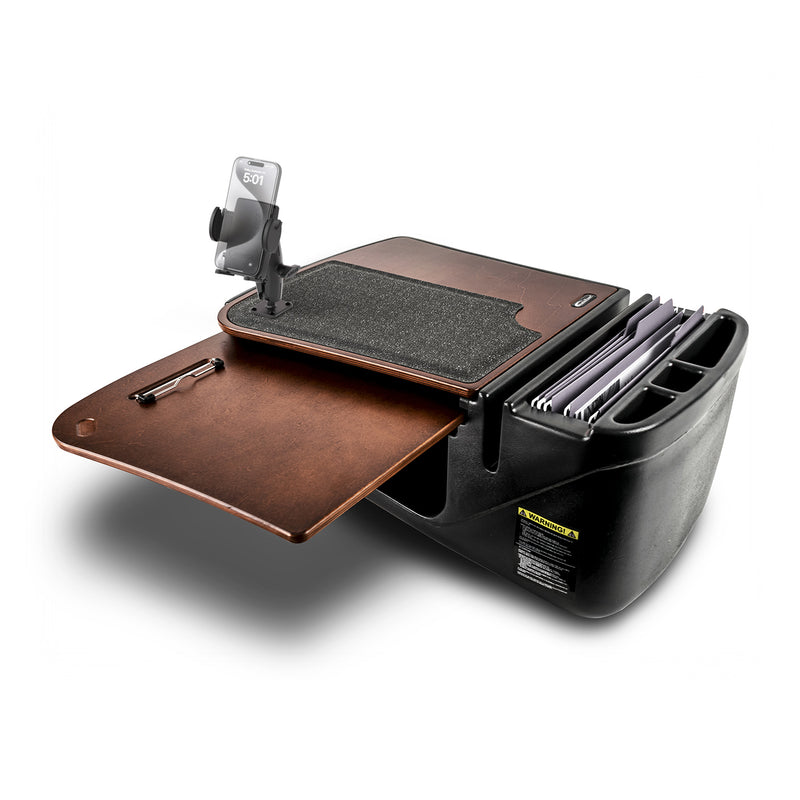 The AutoExec GripMaster Car Desk with Mega Grip™ Drill-Base Mount, featuring a black design with a wood-look work surface, pen slot, file compartments, and phone mount, creates the perfect mobile office workstation and is shown against a white background.