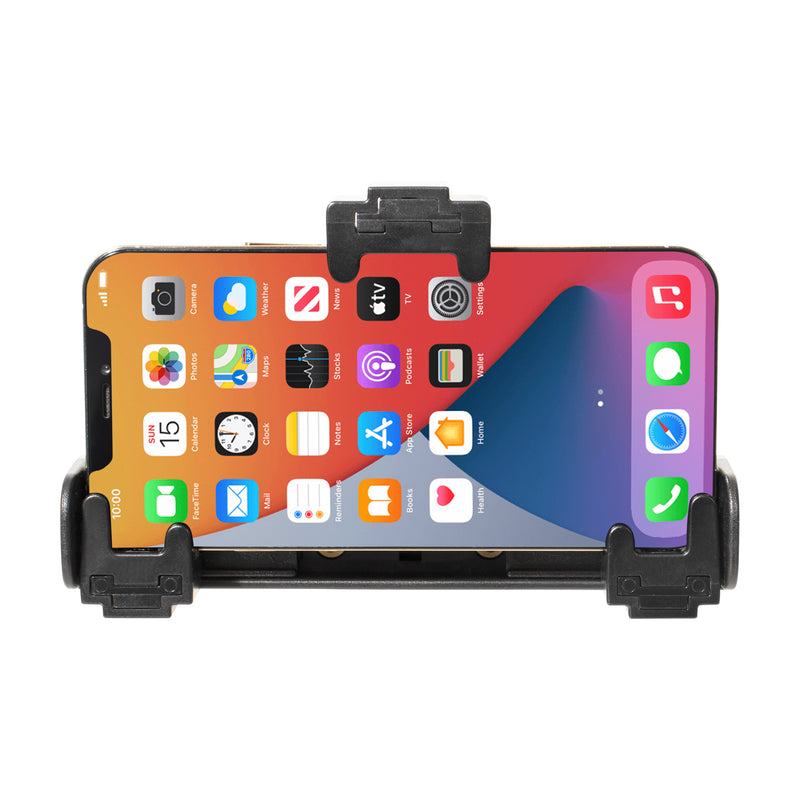 A smartphone with app icons is held horizontally in the LockVise® Locking Phone Holder with OCTO™ Series Adhesive Mount, featuring adjustable grips on all sides for a secure fit.