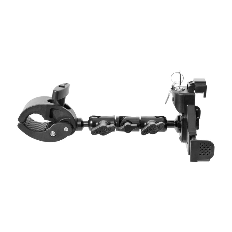 The LockVise™ Universal Locking Phone Holder features a black adjustable clamp with articulated joints, a locking mechanism, and multi-angle arm—perfect for securely attaching your device to any pole or bar.