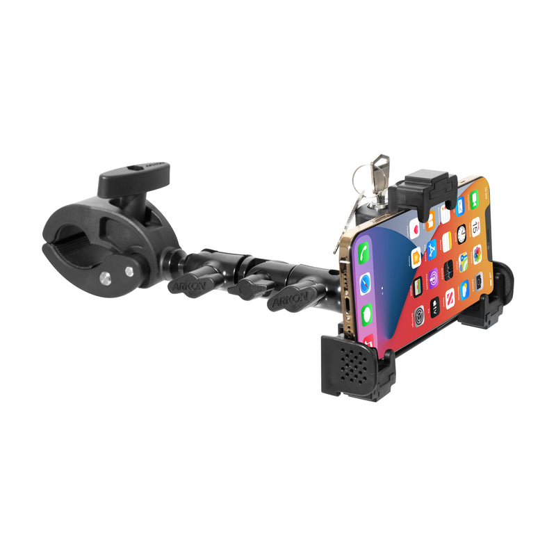The LockVise™ Universal Locking Phone Holder with Multi-Angle and Clamp Mount securely holds a smartphone with its locking clamp arm and attaches to handlebars or rods for versatile use.