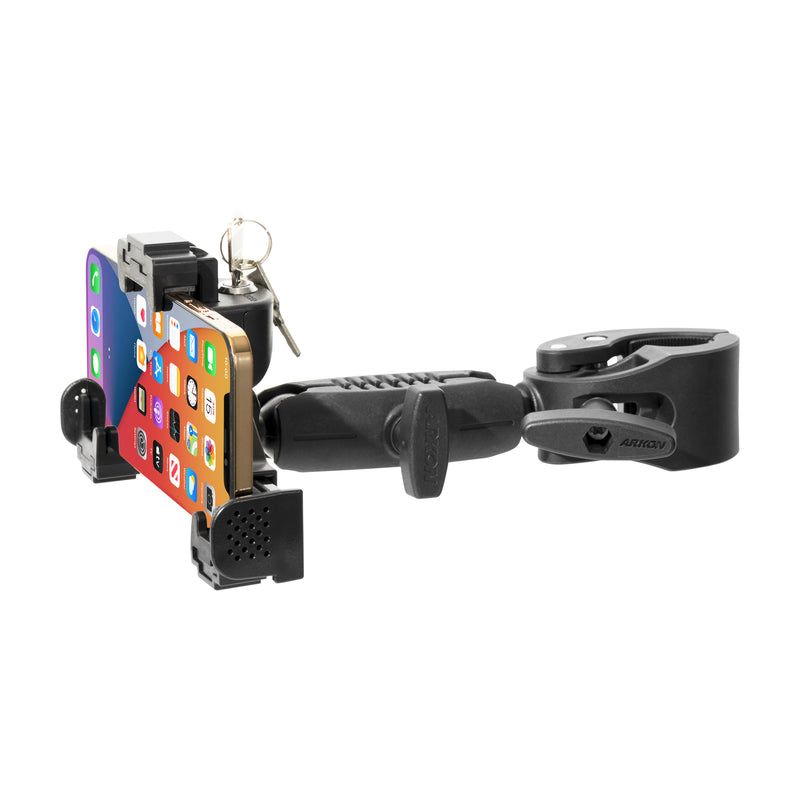 The LockVise™ Phone Clamp Mount with 3.75” Shaft Arm securely holds a smartphone displaying vibrant app icons in its black, heavy-duty frame. Featuring a key lock mechanism for added security and adjustable clamps for easy attachment, this mount offers reliable phone support for your bike.