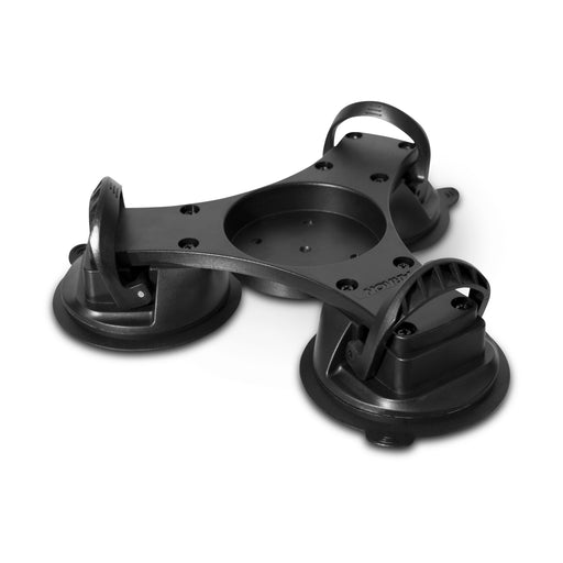 The Triple Splitter Bar Plate with Suction Mounts and AMPS Base is a black, three-arm mount with adjustable levers and a central opening, designed for secure attachment to smooth surfaces using standard suction mounts.