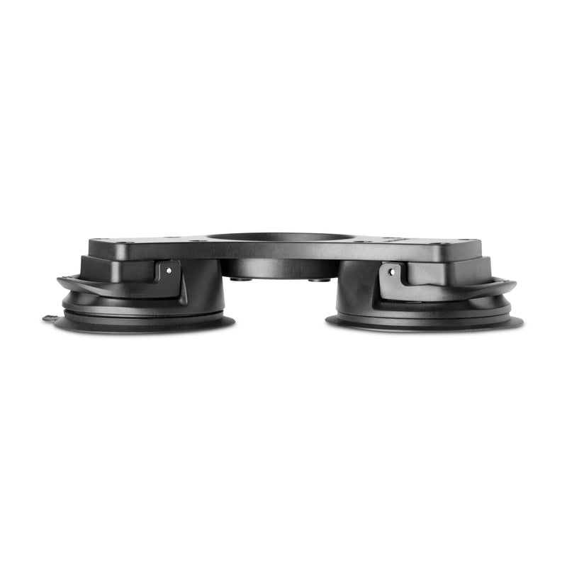 The Double Splitter Bar Plate with Suction Mounts and AMPS Base, shown from the side on a white background, provides secure attachment and enhanced stability with its dual suction cups and central circular opening.