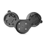The Double Splitter Bar Plate with Suction Mounts and AMPS Base is a black camera mount for smooth surfaces, featuring dual suction cups, a central splitter bar, visible screws, and the AMAZON brand on the left cup.
