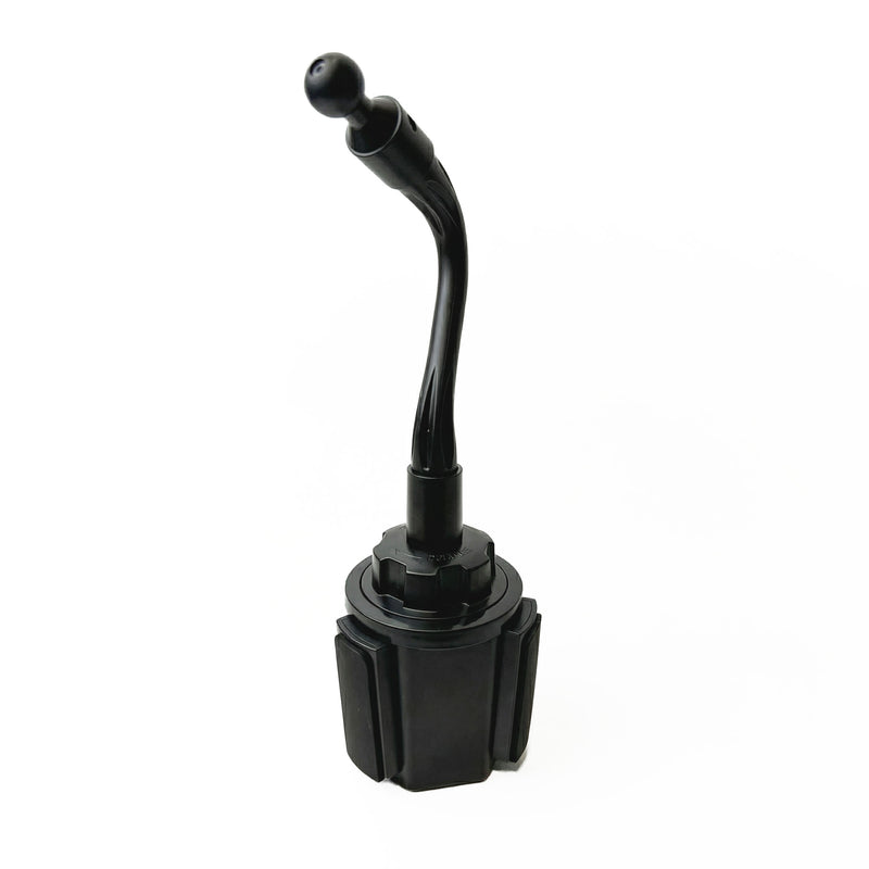 A black Cup Holder Mount with a flexible gooseneck and 17mm ball stands upright against a white background, featuring a curved design and rounded top reminiscent of automotive short throw shifters.