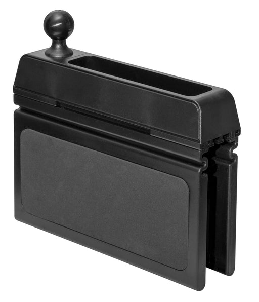 The Seat Wedge Mount with 25mm Ball is a black plastic car seat gap organizer featuring a cup holder and storage compartment. Designed to fit between your car seat and the center console, it provides an integrated Seat Wedge Mount for convenient use as a car device holder.
