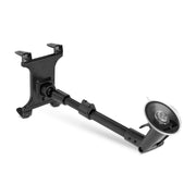 The Windshield Mount with Extended Arm & Slim-Grip® Tablet Holder - VHB Disk is a black adjustable car mount featuring a suction cup on one end and a tablet holder on the other, designed for secure attachment to a windshield, smooth surface, or dashboard using the included VHB disk for added stability.