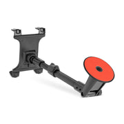 The Windshield Mount with Extended Arm & Slim-Grip® Tablet Holder - VHB Disk is a black adjustable tablet holder featuring an extending arm and a red suction cup base, designed for secure mounting on smooth surfaces or as a convenient dashboard mount using the included VHB disk.