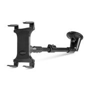 The Windshield Mount with Extended Arm & Slim-Grip® Tablet Holder - VHB Disk is a black adjustable tablet holder featuring a suction cup mount for easy attachment to car windshields or desks. It includes an extendable arm for flexible positioning and comes with a dashboard mount and VHB disk, ensuring secure installation on flat surfaces.