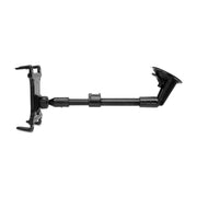 A Windshield Mount with Extended Arm & Slim-Grip® Tablet Holder - VHB Disk, featuring a black adjustable design with a suction cup on one end and a tablet holder on the other, shown on a white background as a versatile dashboard or tablet mount.