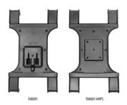 Two black plastic Slim-Grip® Universal Tablet Holders are shown side by side; the left one (TAB001) comes with mounting clips, while the right one (TAB001-AMPS) features a rectangular back plate with screw holes for secure tablet mounting.