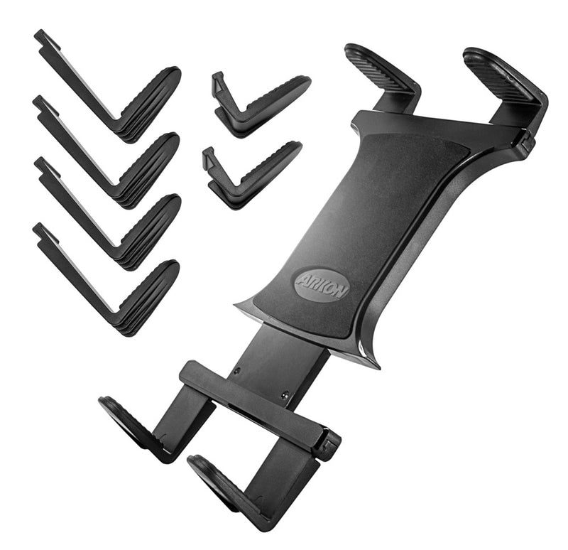 The Slim-Grip® Universal Tablet Holder, shown in black with four pairs of interchangeable corner grips arranged beside the main unit, features a secure spring-loaded design for versatile tablet mounting.